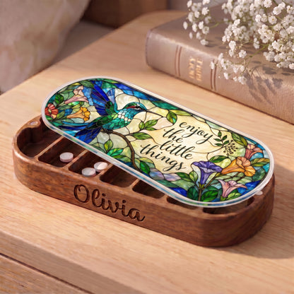 Personalized Olivia Pillcase with turquoise hummingbird, colorful flowers and Enjoy the Little Things lid
