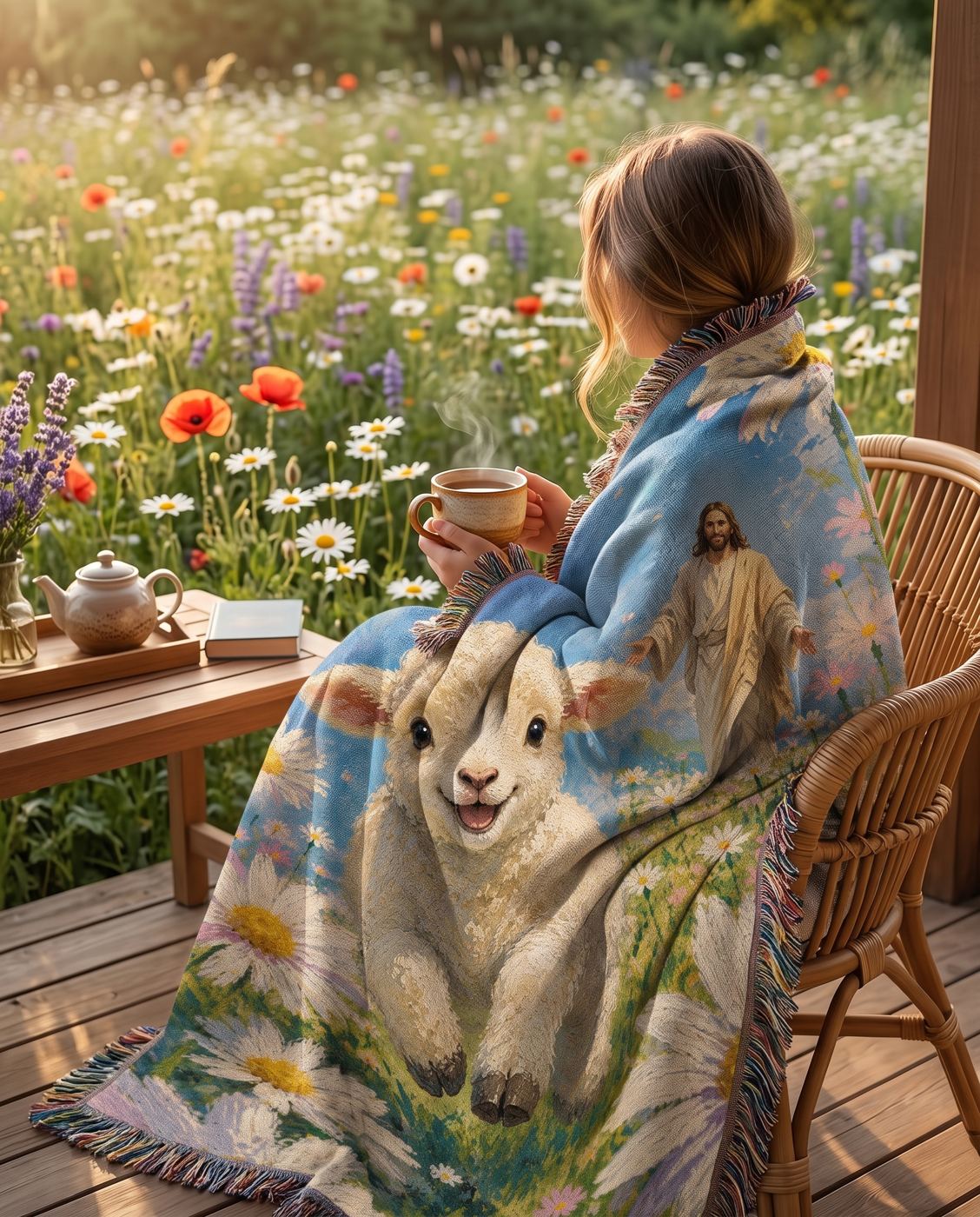 Joyful Lamb with Jesus in the Daisy Meadow Woven Blanket