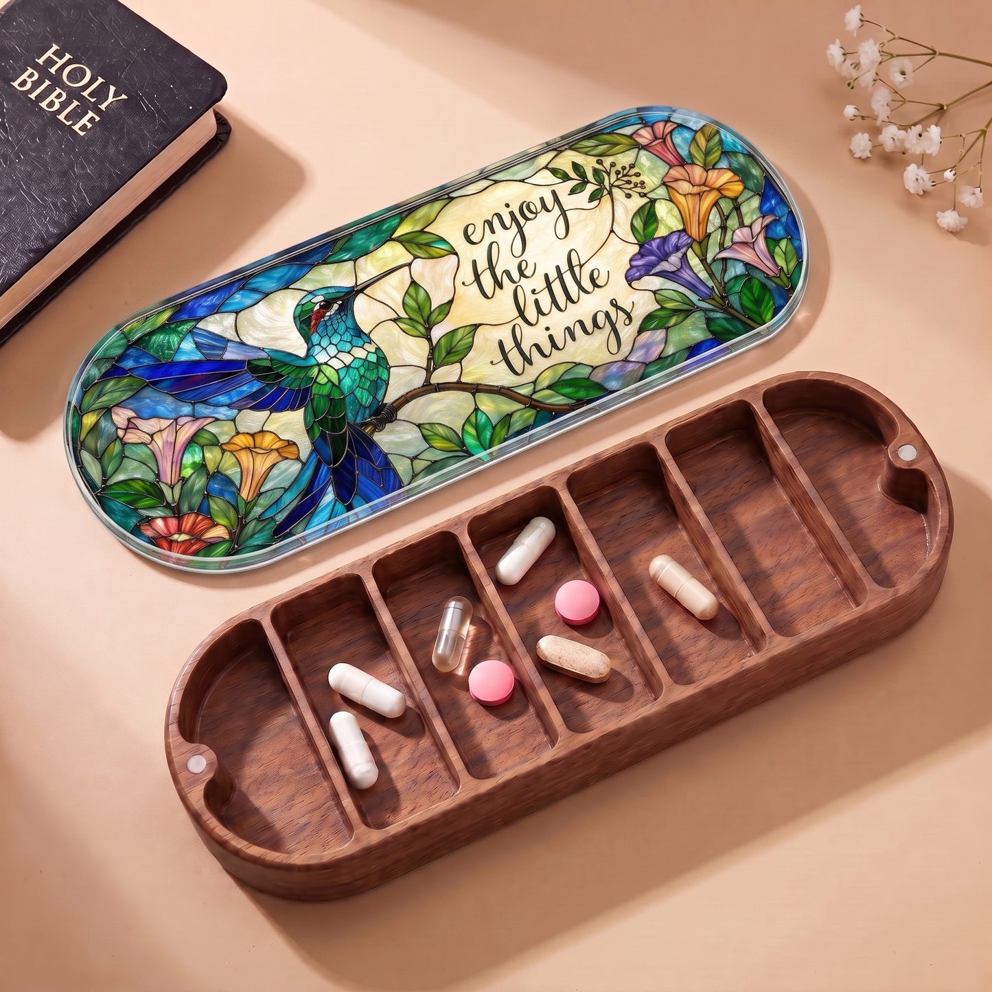 Enjoy the Little Things hummingbird garden Pillcase with Holy Bible and daily tablets