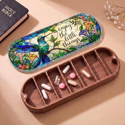 Enjoy the Little Things hummingbird garden Pillcase with Holy Bible and daily tablets