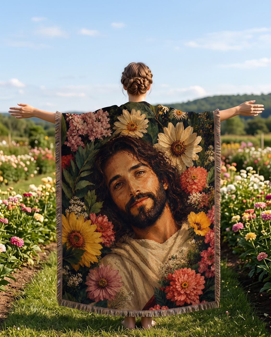 Jesus in the Garden of Grace Floral Woven Blanket