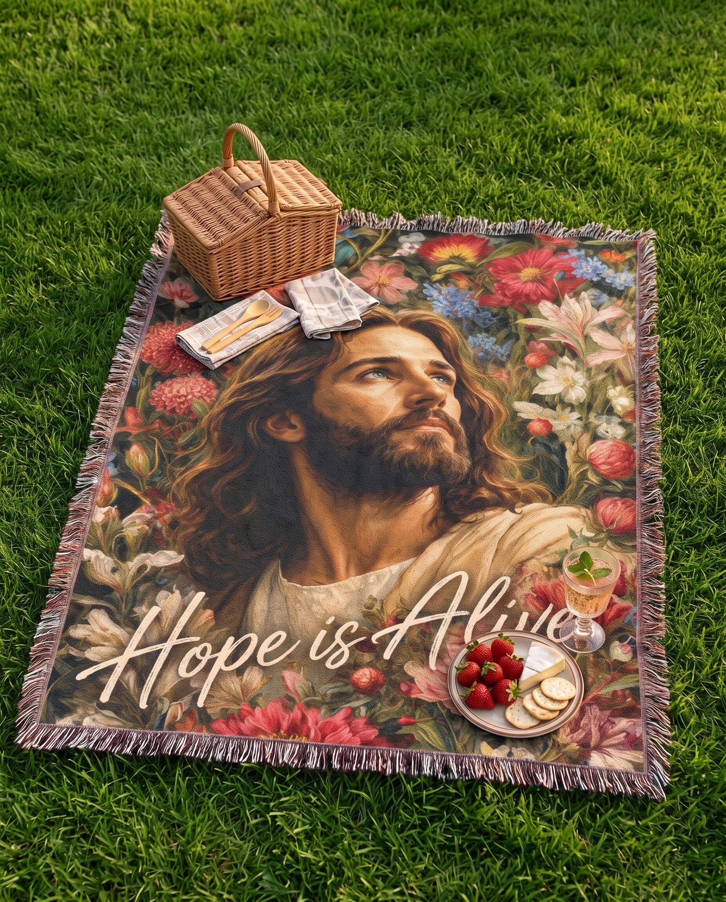 Hope Is Alive Floral Jesus Woven Blanket gallery image 1