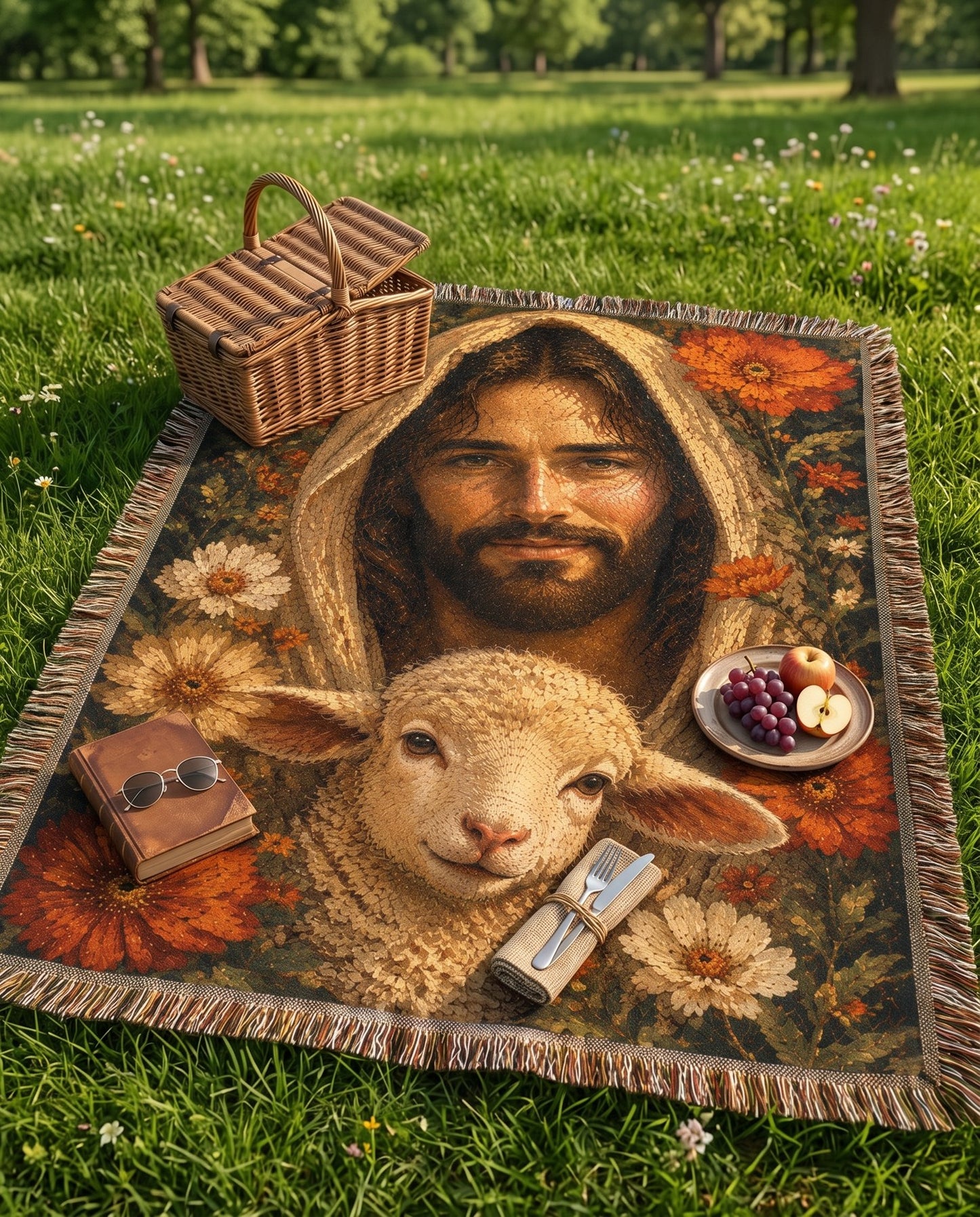 Good Shepherd Lamb and Autumn Florals Woven Blanket