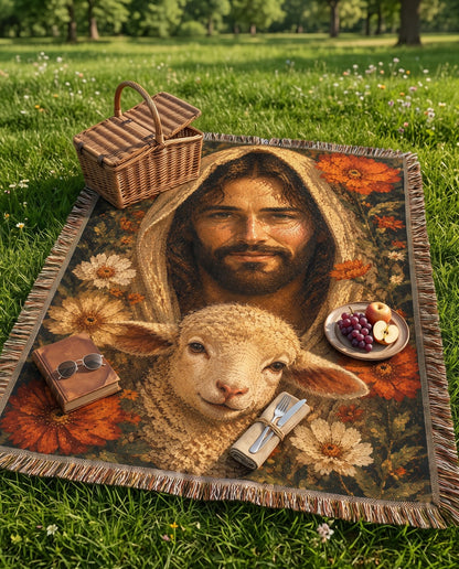 Good Shepherd Lamb and Autumn Florals Woven Blanket