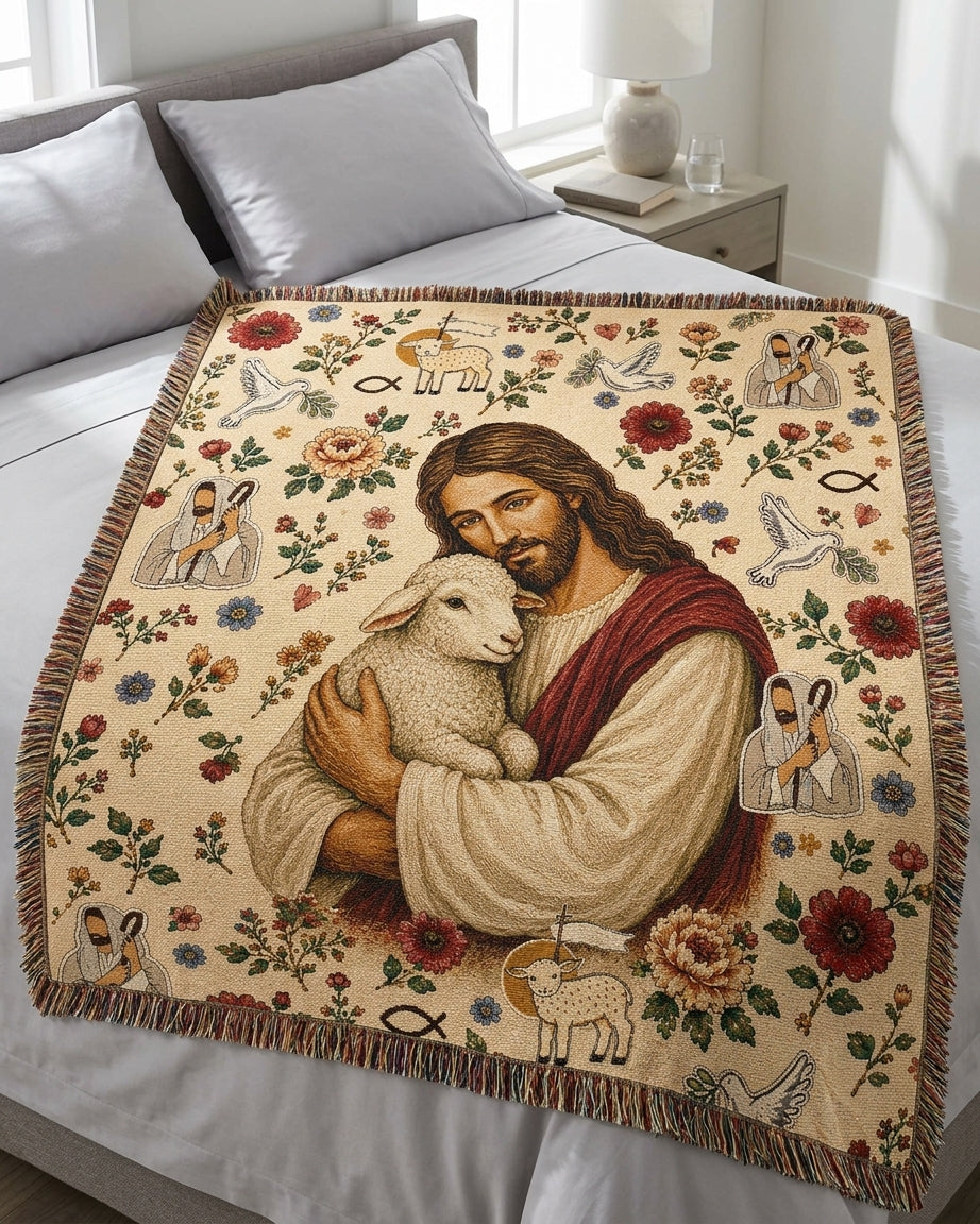Held Close by the Good Shepherd Woven Blanket