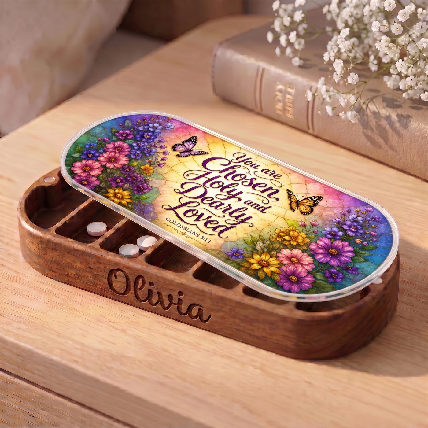 "You Are Chosen, Holy, and Dearly Loved — Colossians 3:12" Pill Case lifestyle open view