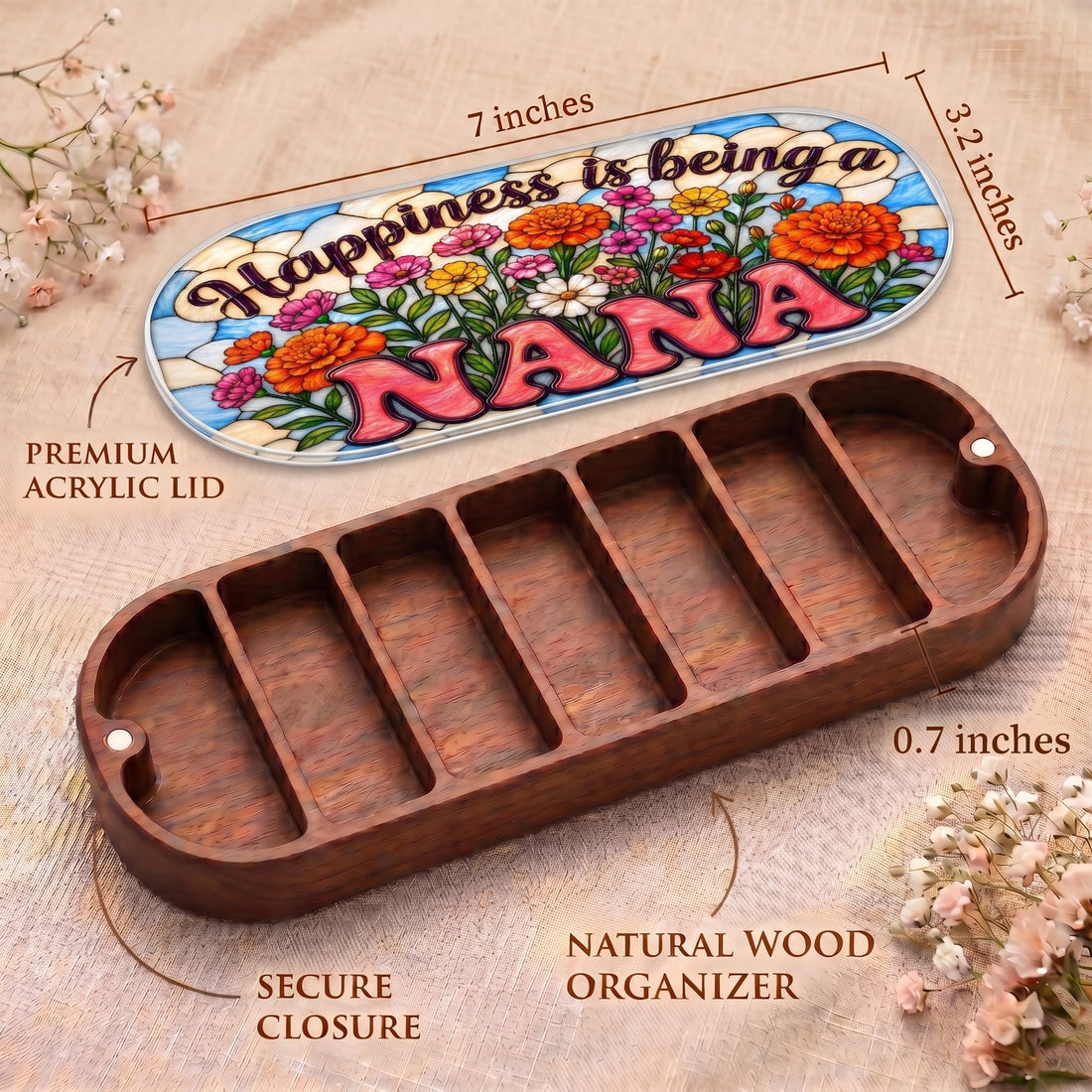 Happiness Is Being a Nana Pillcase dimensions with colorful floral acrylic lid, secure closure and natural wood organizer