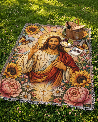 Radiant Savior - Stained Glass Jesus Woven Blanket