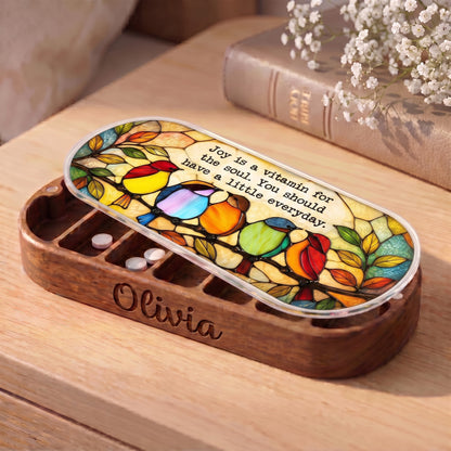 Personalized Olivia Pillcase with five colorful birds, autumn leaves and Joy Is a Vitamin for the Soul lid