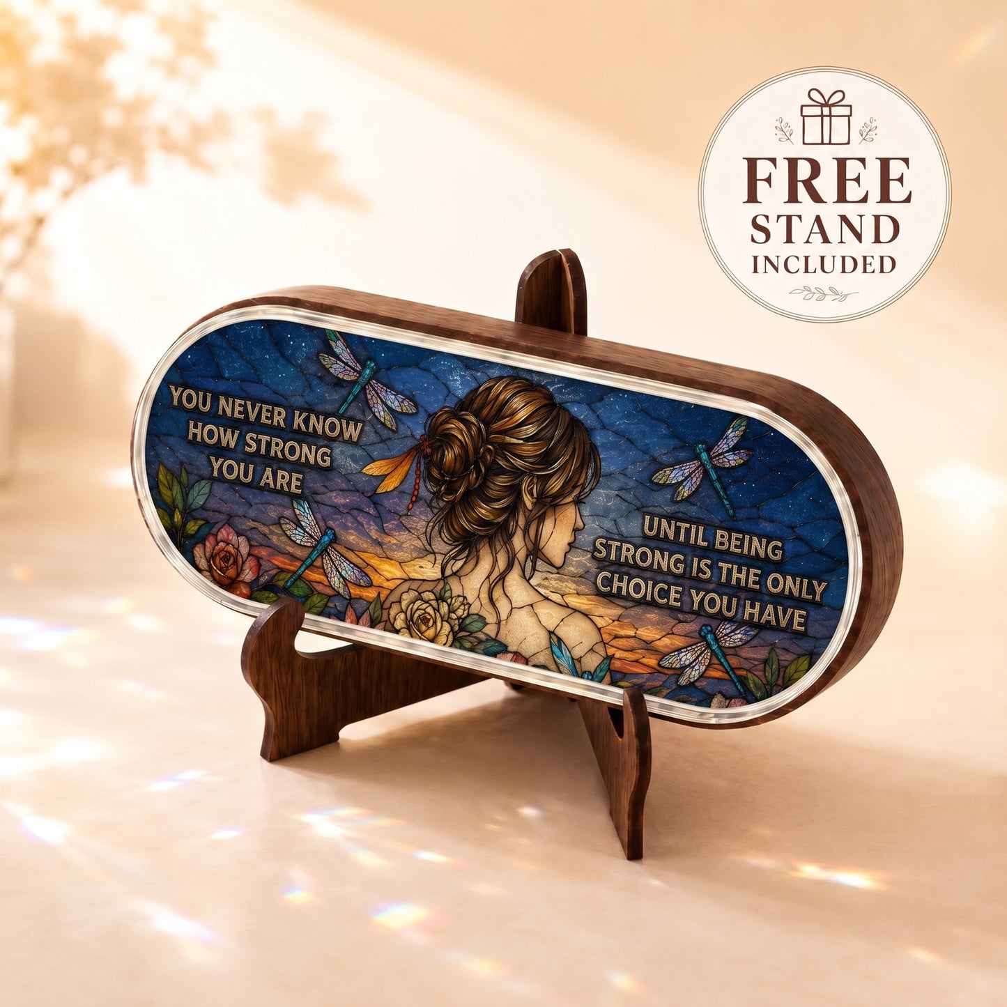 You Never Know How Strong You Are Pillcase displayed on included wooden stand