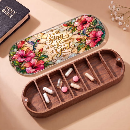 "I Will Sing of the Goodness of God — Hibiscus & Hummingbird Stained Glass" Pill Case lifestyle open view