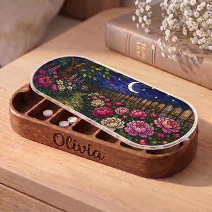 Personalized Olivia Pillcase with crescent moon, stars, picket fence and colorful floral lid