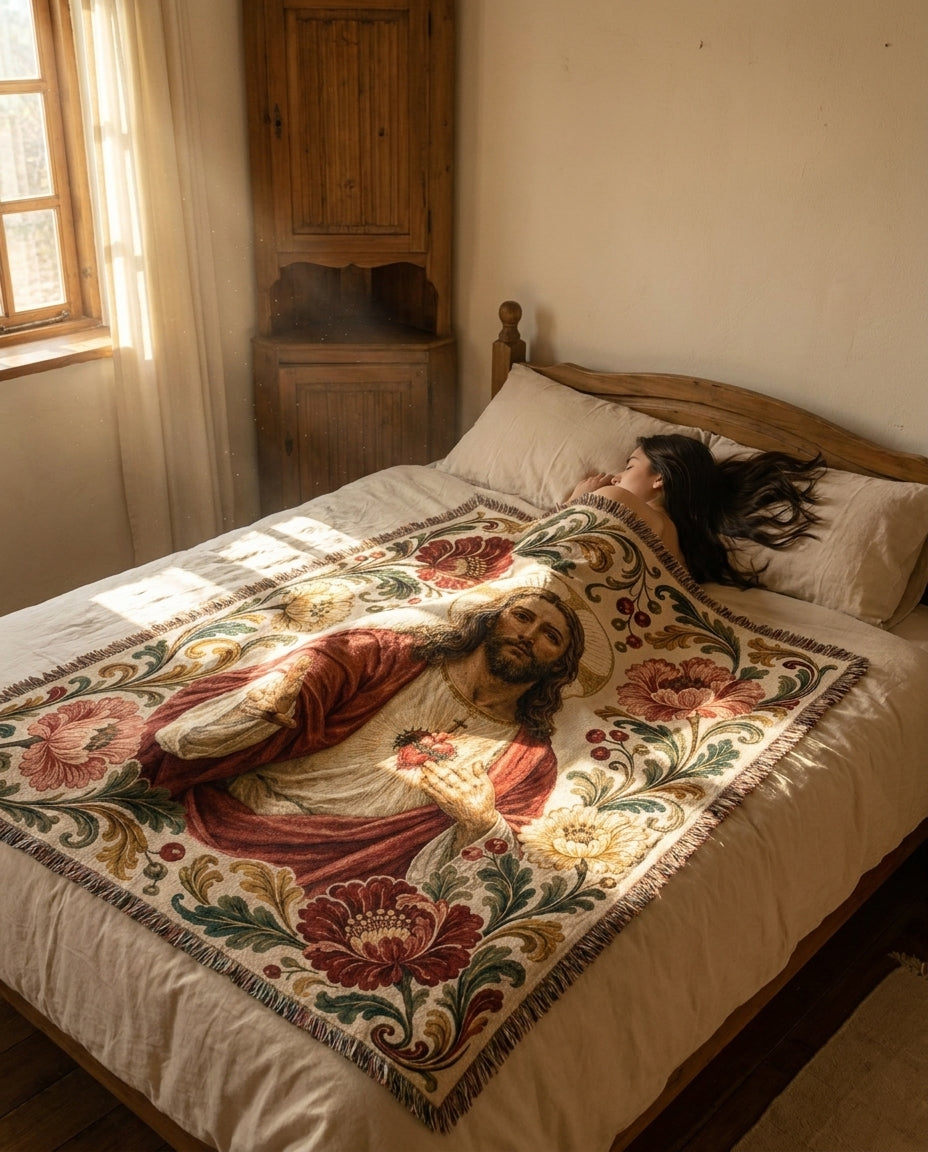 Bedroom resting lifestyle - Sacred Heart Jesus Floral Woven Blanket