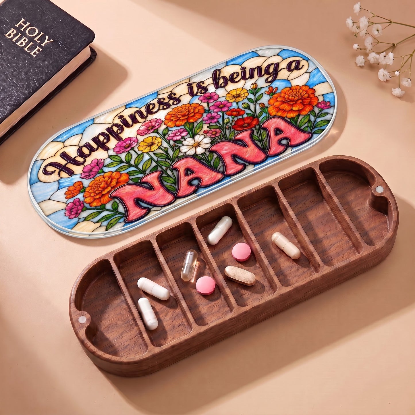 Happiness Is Being a Nana Pillcase with Holy Bible and daily tablets