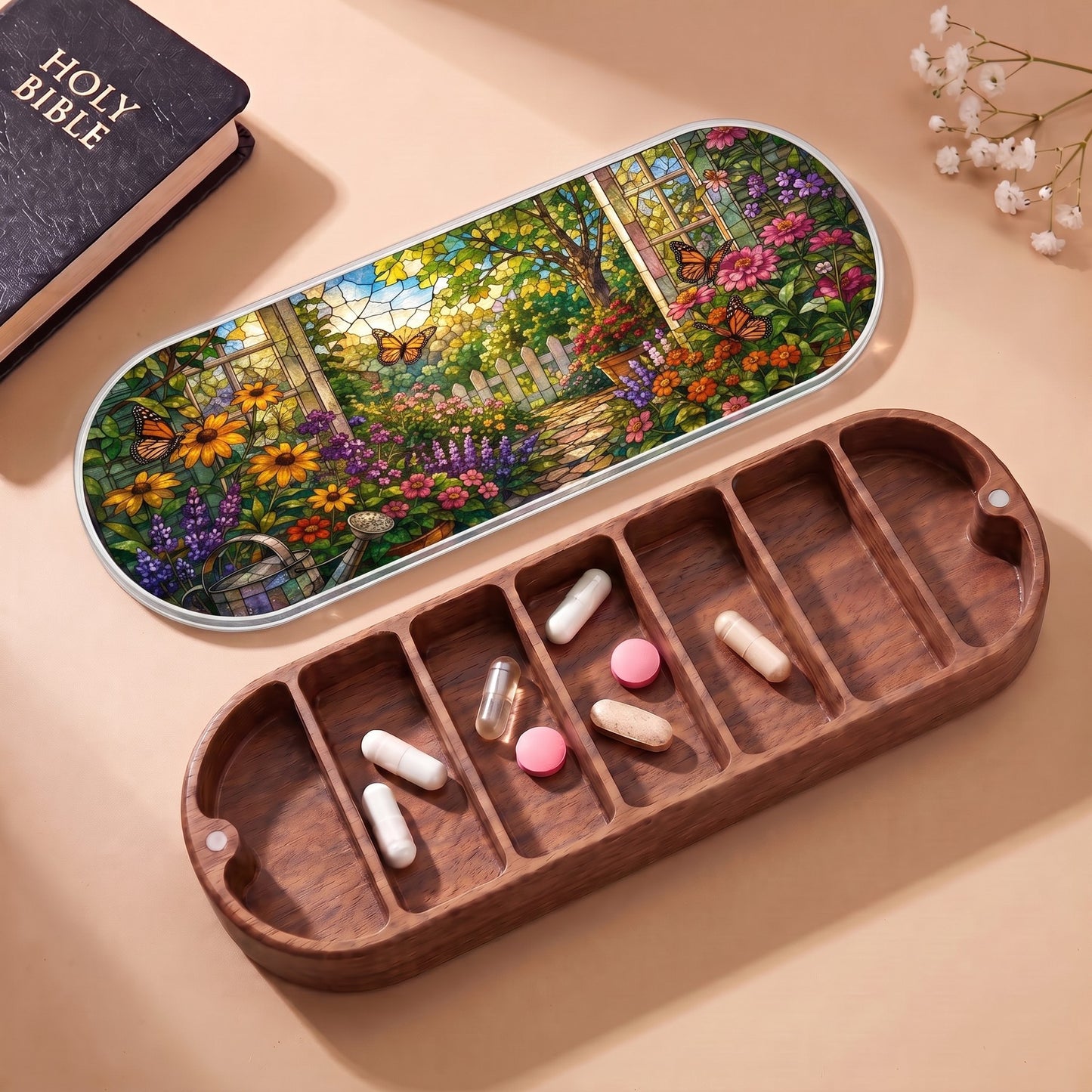 Garden Path in Bloom Pillcase with Holy Bible and daily tablets