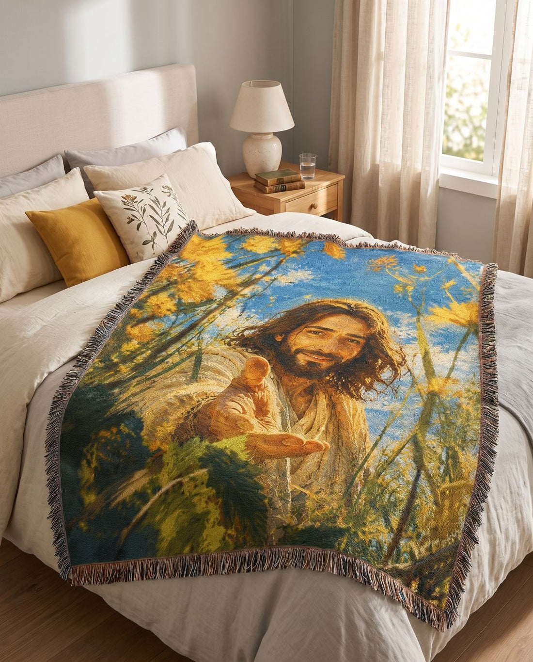 Reach for Me - Jesus in the Golden Meadow Woven Blanket