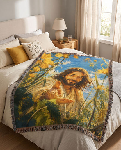Reach for Me - Jesus in the Golden Meadow Woven Blanket