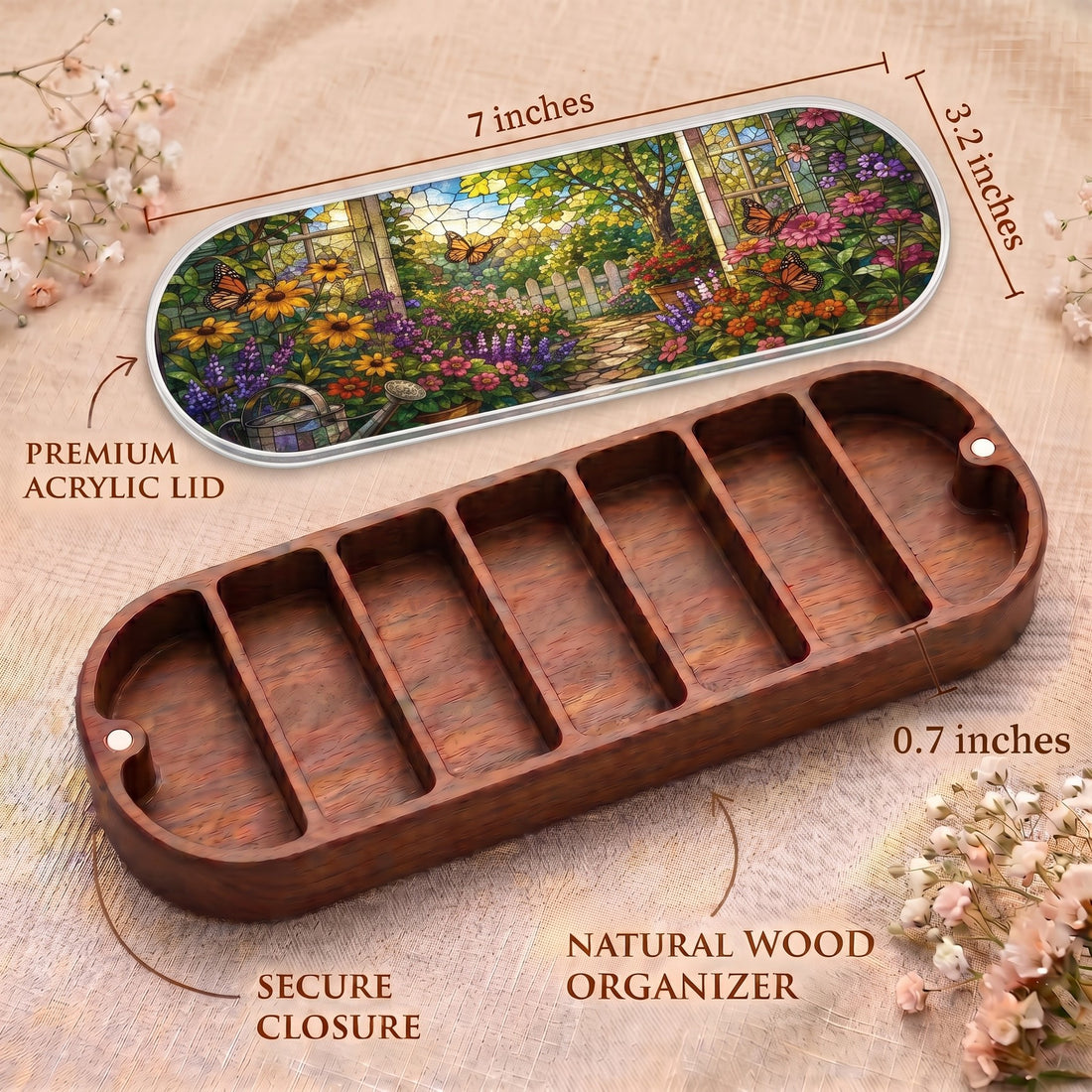 Garden Path in Bloom Pillcase dimensions with butterfly-garden acrylic lid, secure closure and natural wood organizer
