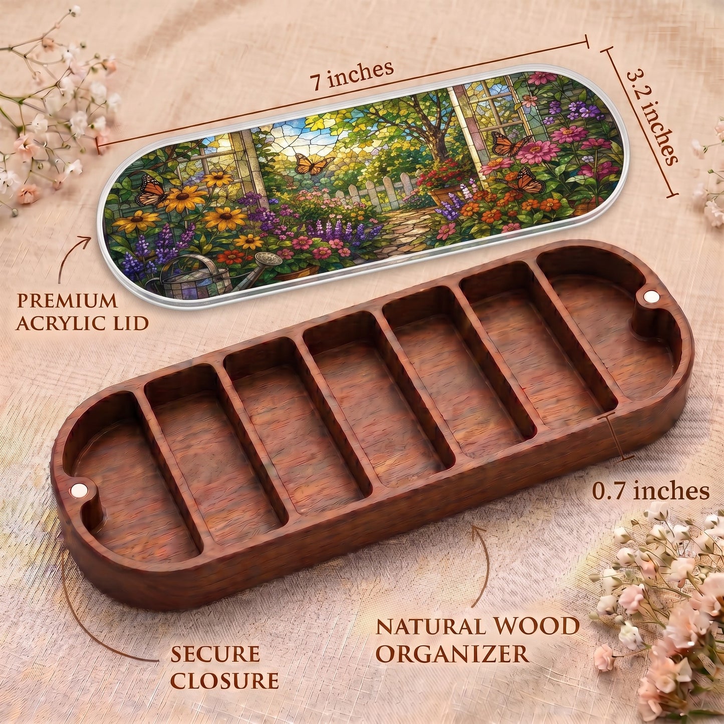 Garden Path in Bloom Pillcase dimensions with butterfly-garden acrylic lid, secure closure and natural wood organizer