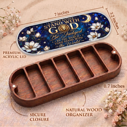 Stand with God Pillcase dimensions with celestial acrylic lid, secure closure and natural wood organizer
