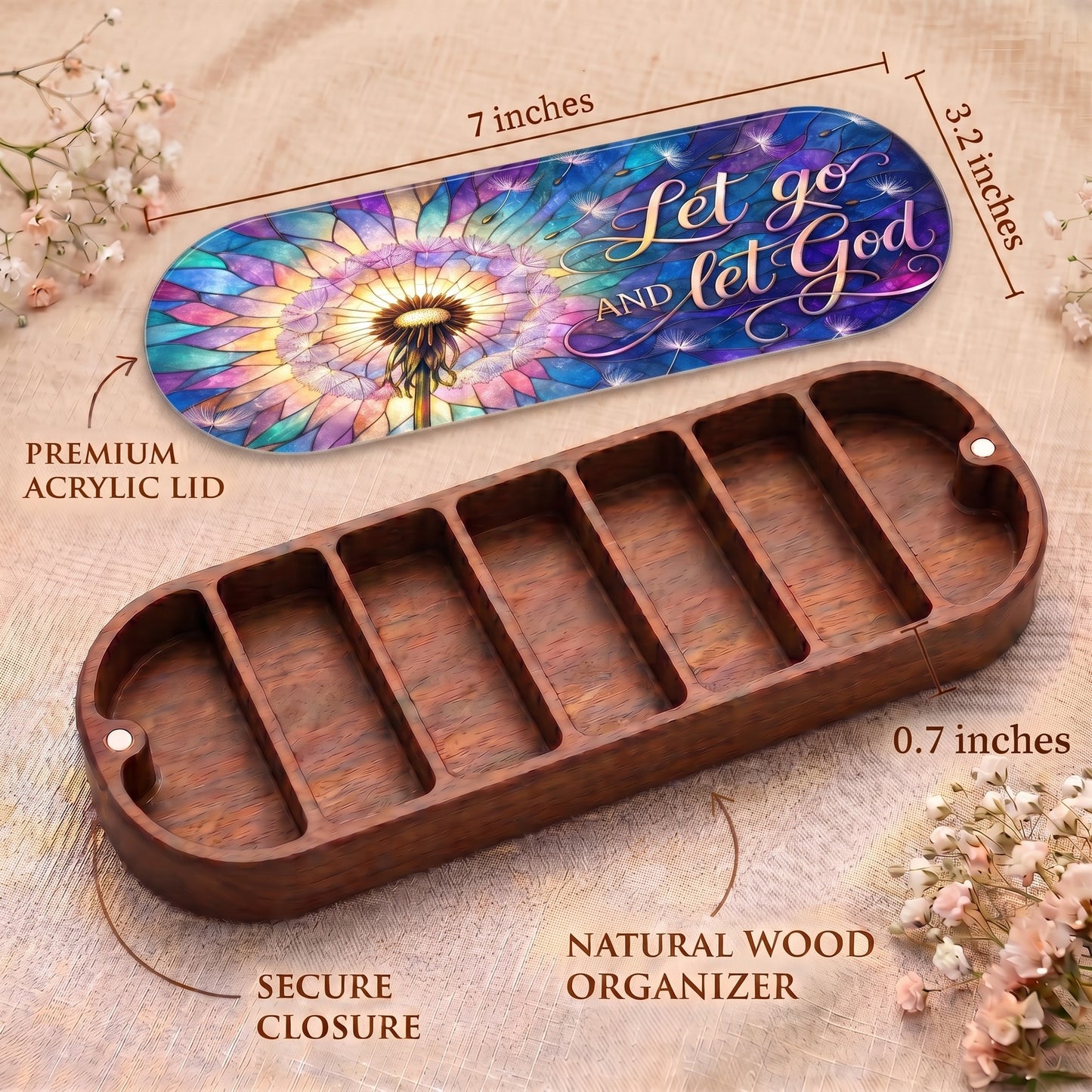 Dandelion stained-glass Pillcase dimensions, acrylic lid, secure closure and natural wood organizer