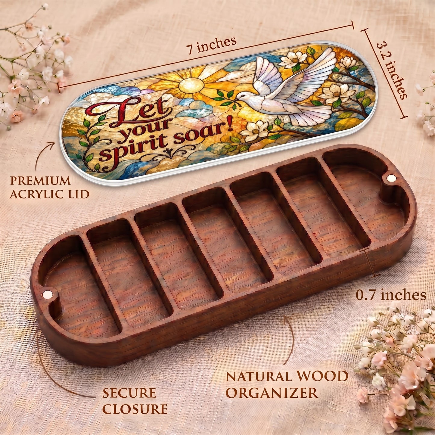 Let Your Spirit Soar Pillcase dimensions with acrylic lid, secure closure and natural wood organizer