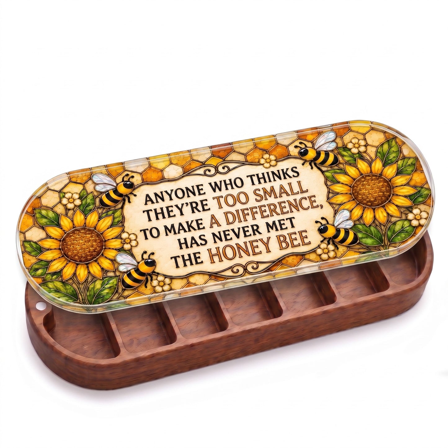 Open wooden Pillcase with honey bee quote, sunflower and honeycomb stained-glass lid on white