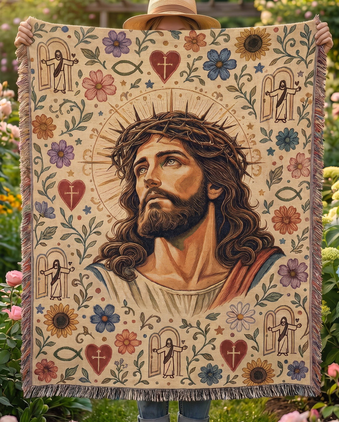 Crowned in Grace - Floral Jesus Woven Blanket