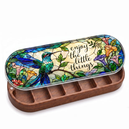 Open wooden Enjoy the Little Things Pillcase with hummingbird and trumpet flower stained-glass lid on white