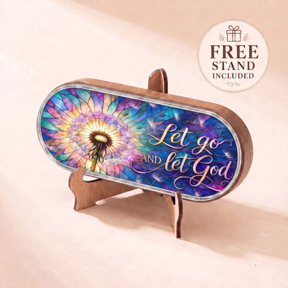 Let Go and Let God dandelion stained-glass Pillcase lid displayed on included wooden stand