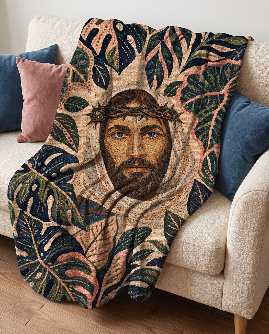 Sofa throw styling - Crowned in Grace Tropical Jesus woven blanket