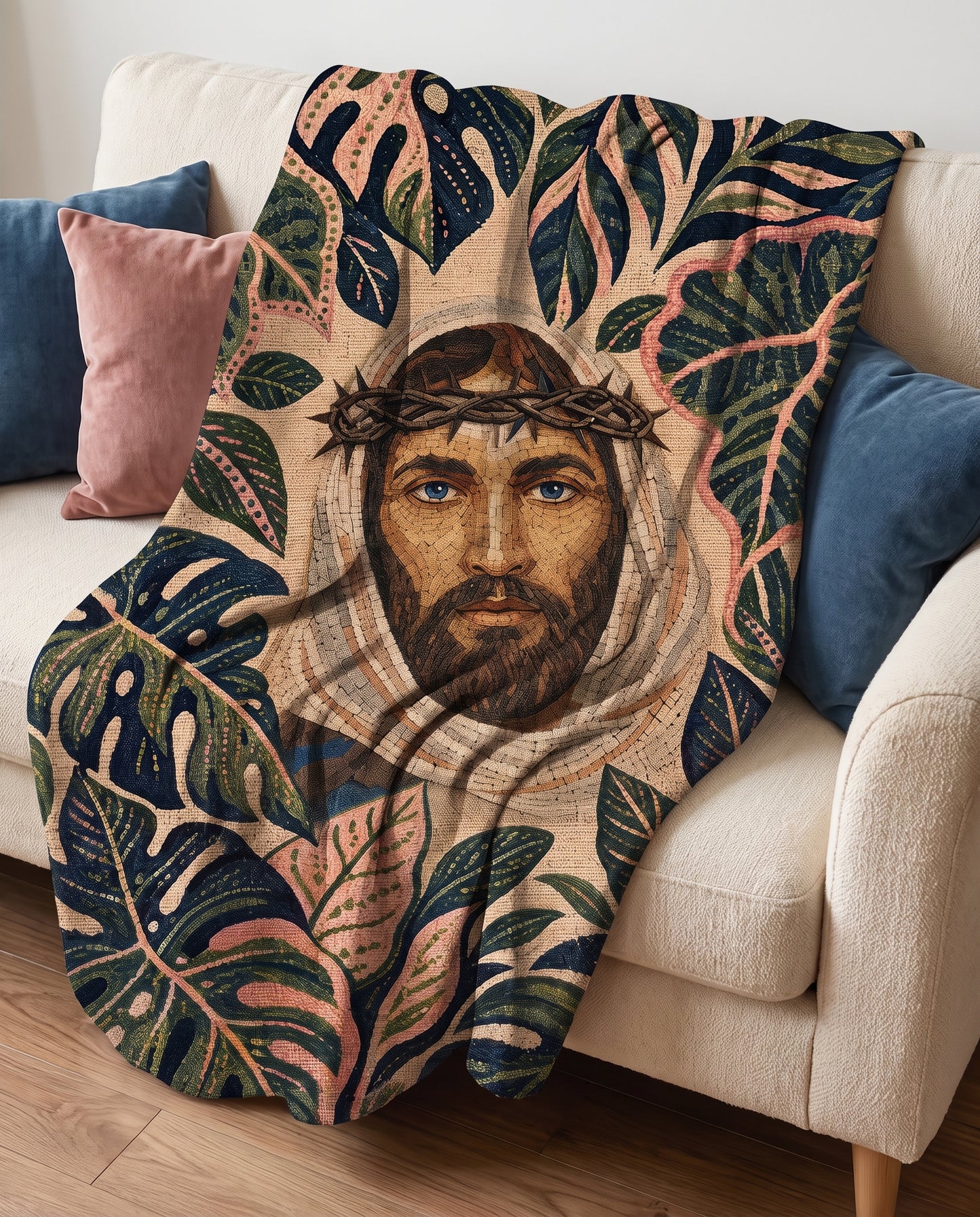 Sofa throw styling - Crowned in Grace Tropical Jesus woven blanket