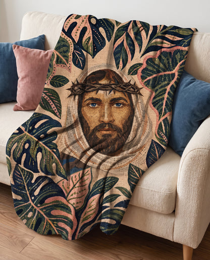 Sofa throw styling - Crowned in Grace Tropical Jesus woven blanket