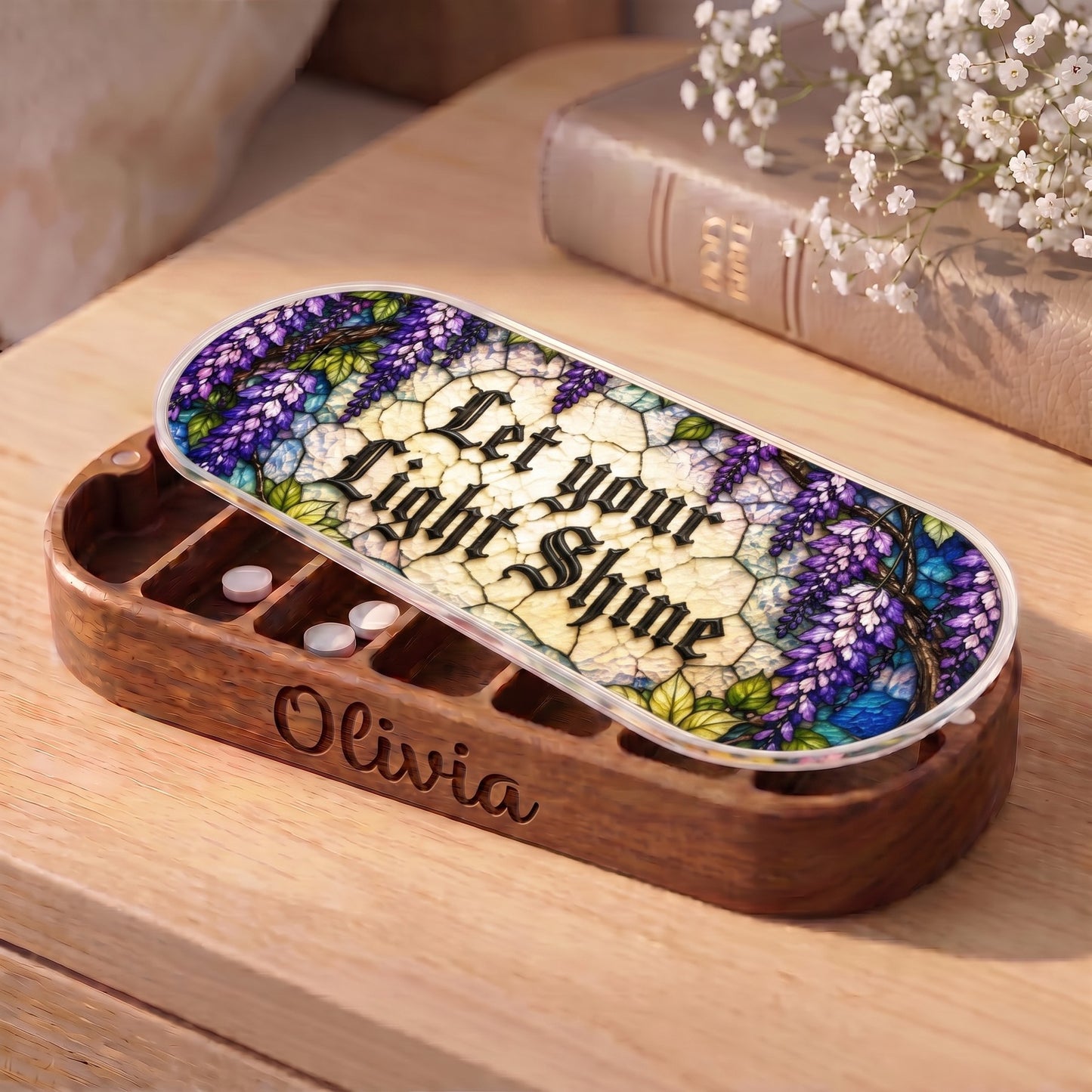 Personalized Olivia Pillcase with purple wisteria and Let Your Light Shine lid