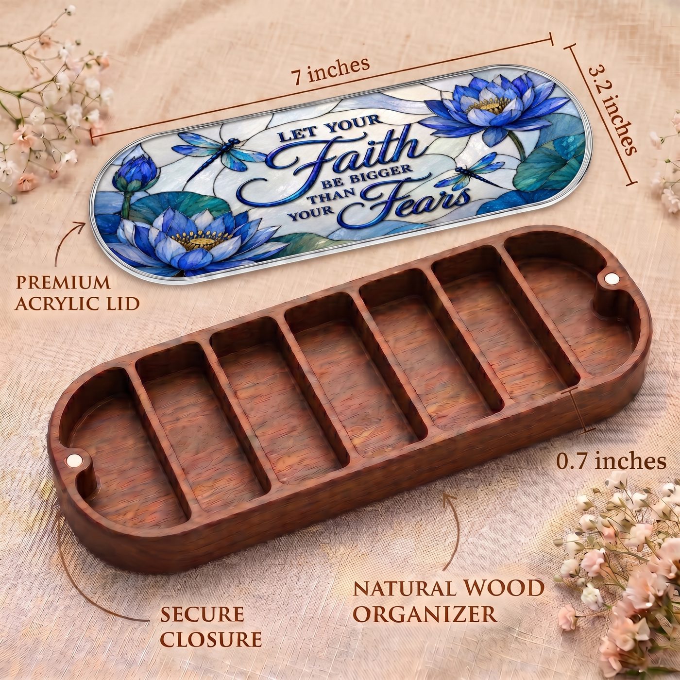 "Let Your Faith Be Bigger Than Your Fears — Blue Lotus & Dragonfly Stained Glass" Pill Case clean product view