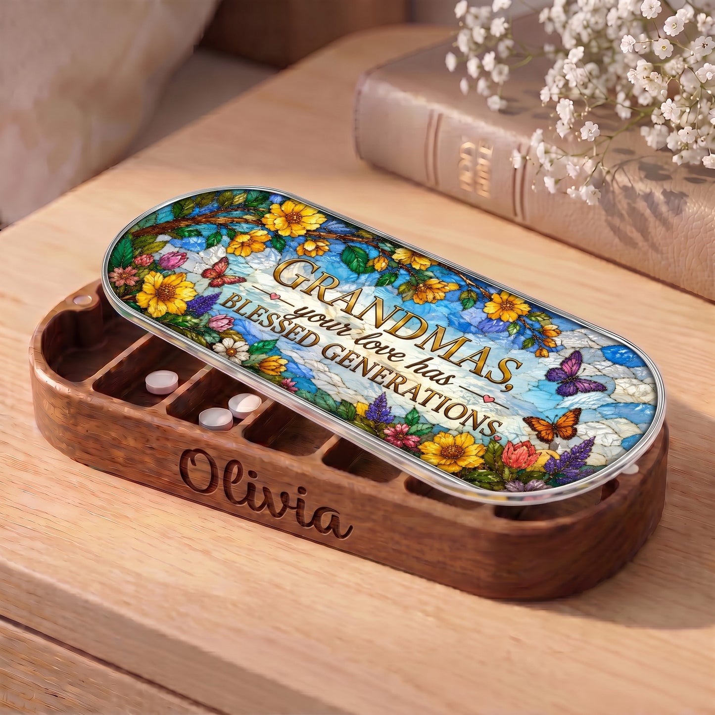 Personalized Olivia Pillcase with butterfly garden and Grandmas Your Love Has Blessed Generations lid