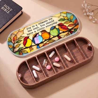 Joy Is a Vitamin for the Soul songbirds Pillcase with Holy Bible and daily tablets
