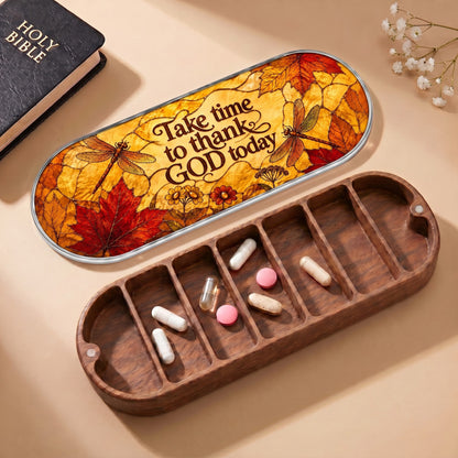 Open wooden Pillcase with autumn dragonfly gratitude lid, Holy Bible and daily tablets
