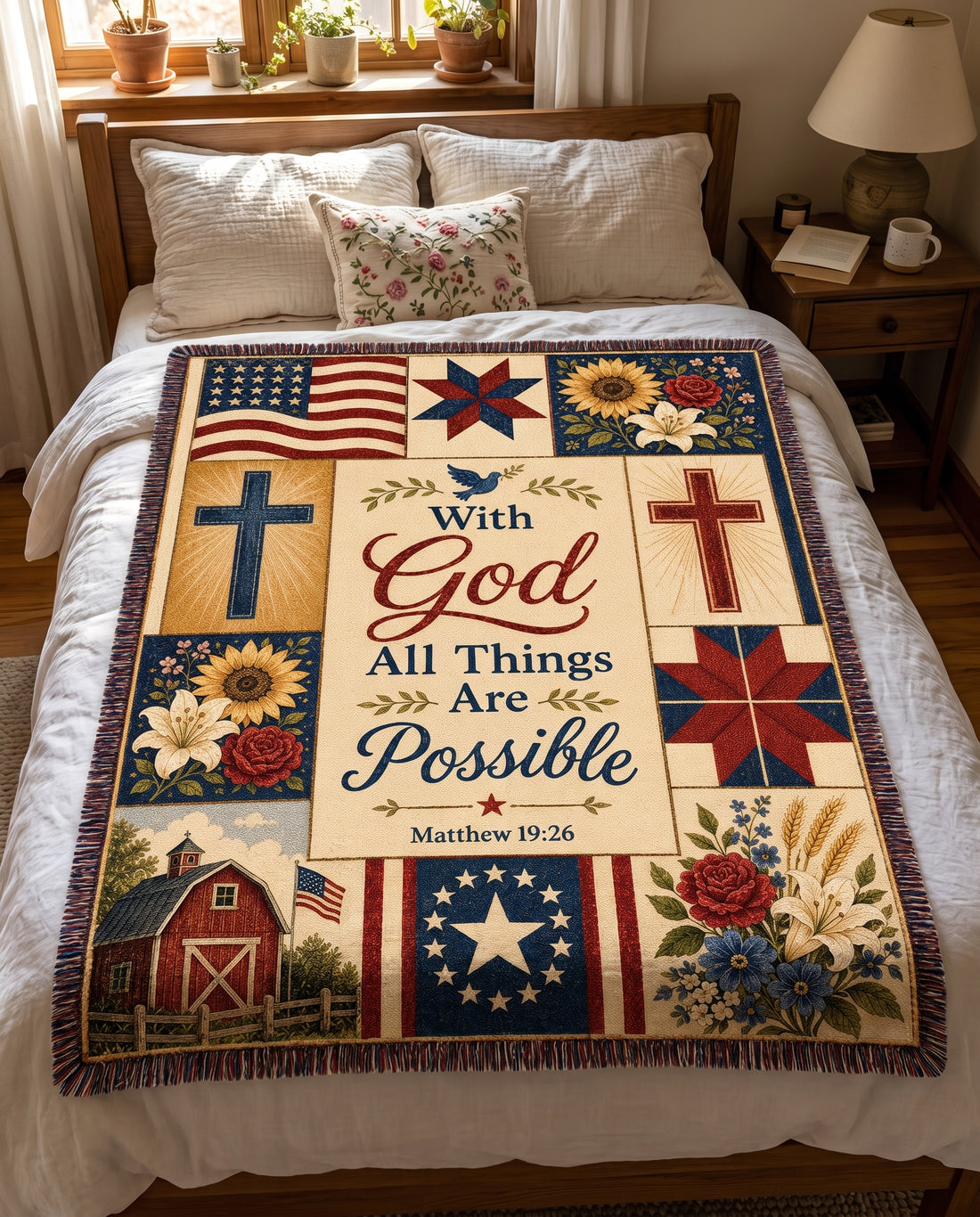 With God All Things Are Possible - Matthew 19:26 Americana Woven Blanket - farmhouse bedroom blanket styling