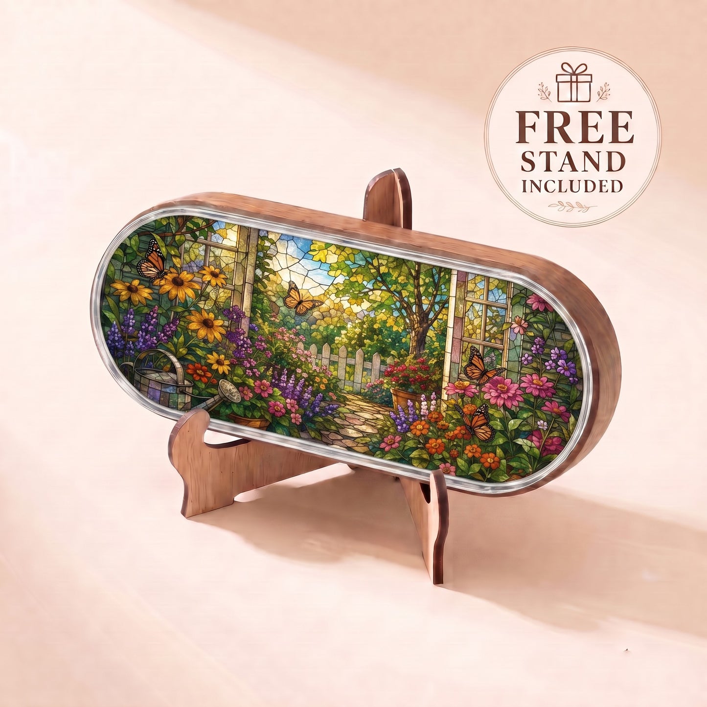 Garden Path in Bloom Pillcase with butterflies, watering can and colorful flowers displayed on included stand