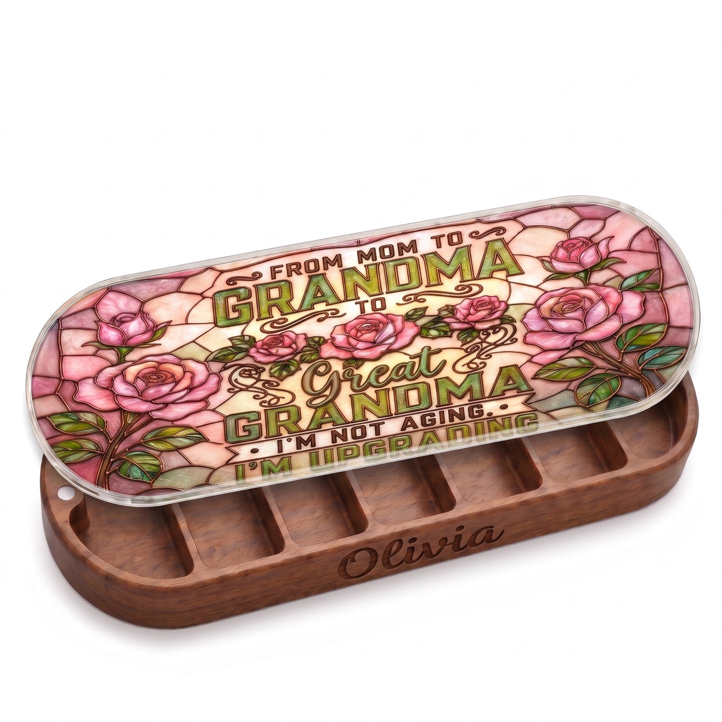 Open personalized Olivia wooden Pillcase with pink rose stained-glass-style lid on white