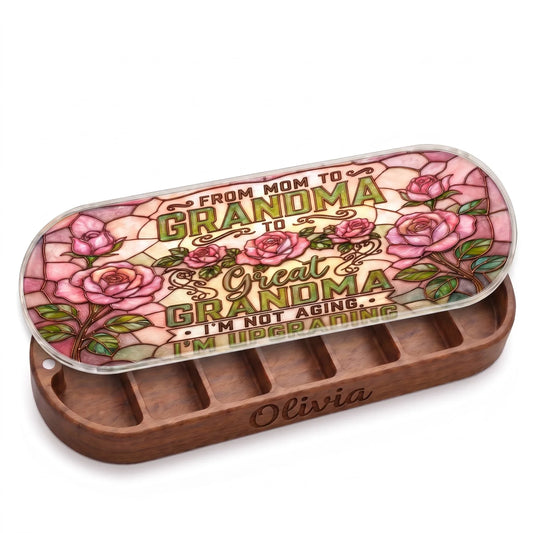 Open personalized Olivia wooden Pillcase with pink rose stained-glass-style lid on white
