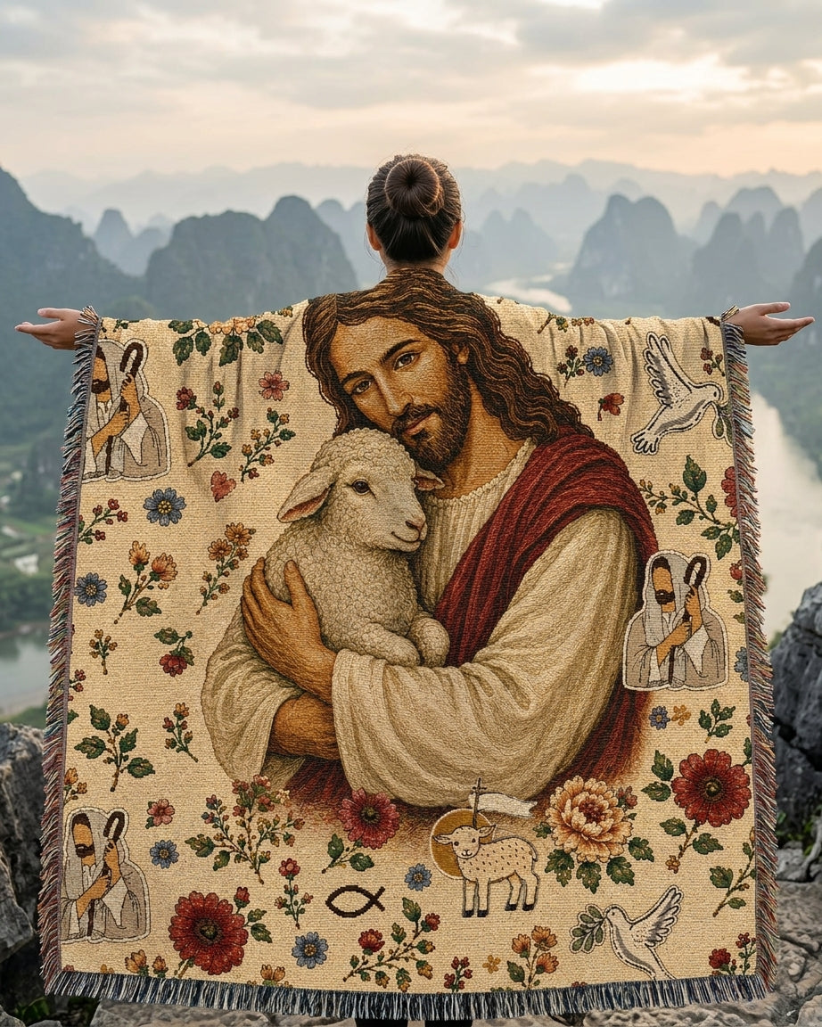 Held Close by the Good Shepherd Woven Blanket
