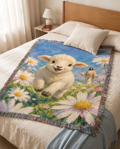 Joyful Lamb with Jesus in the Daisy Meadow Woven Blanket