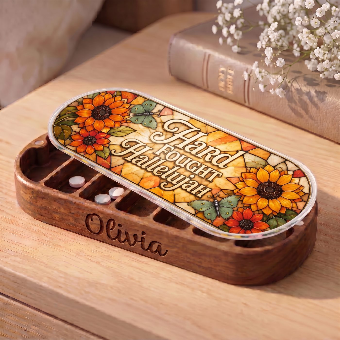 "Hard Fought Hallelujah — Sunflower & Butterfly Stained Glass" Pill Case — personalized open Pill Case on a wooden table