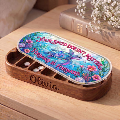 Personalized wooden Pillcase with sea turtle artwork and white tablets on bedside table