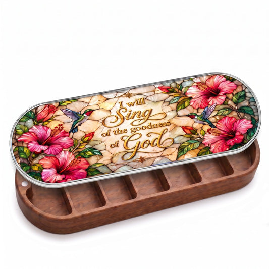 "I Will Sing of the Goodness of God — Hibiscus & Hummingbird Stained Glass" Pill Case personalized lifestyle view