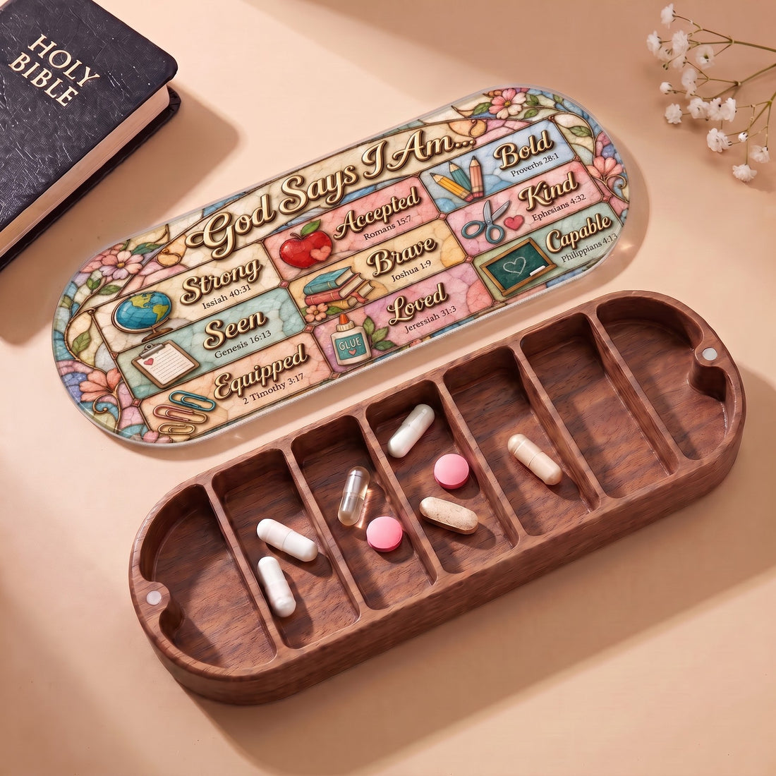 God Says I Am Christian teacher affirmations Pillcase with Holy Bible and daily tablets