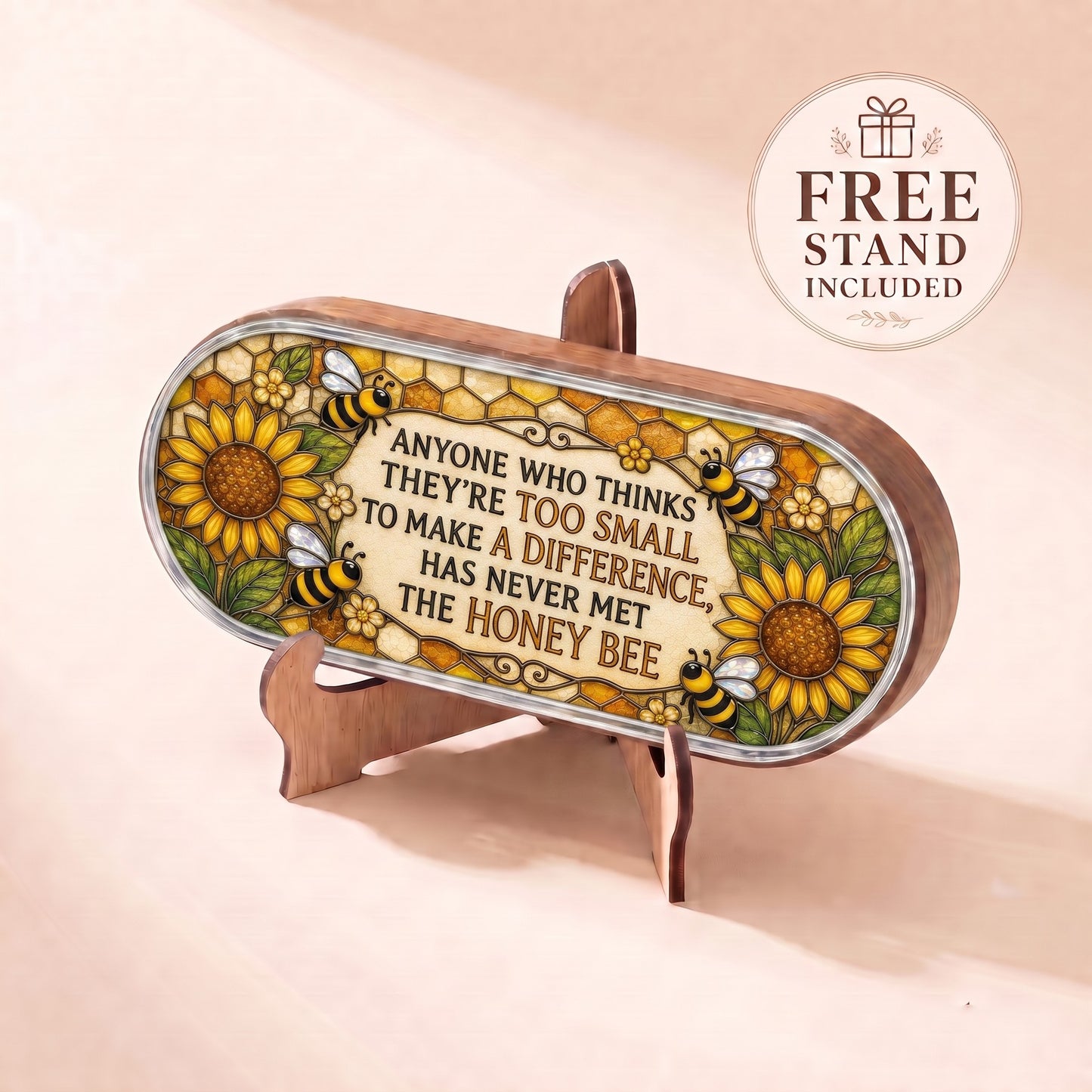 Honey bee and sunflower stained-glass Pillcase lid displayed on included wooden stand