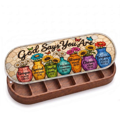 "God Says You Are — Christian Affirmation Floral Mosaic" Pill Case — open wooden God Says You Are floral Pill Case on white studio background